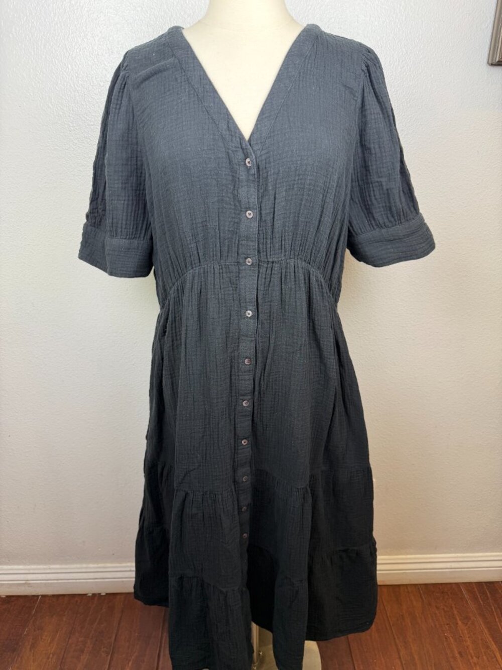 Madewell 100% Cotton Gauze Lightspun Button Front Tiered Midi Dress Size 16W - Picture 5 of 7